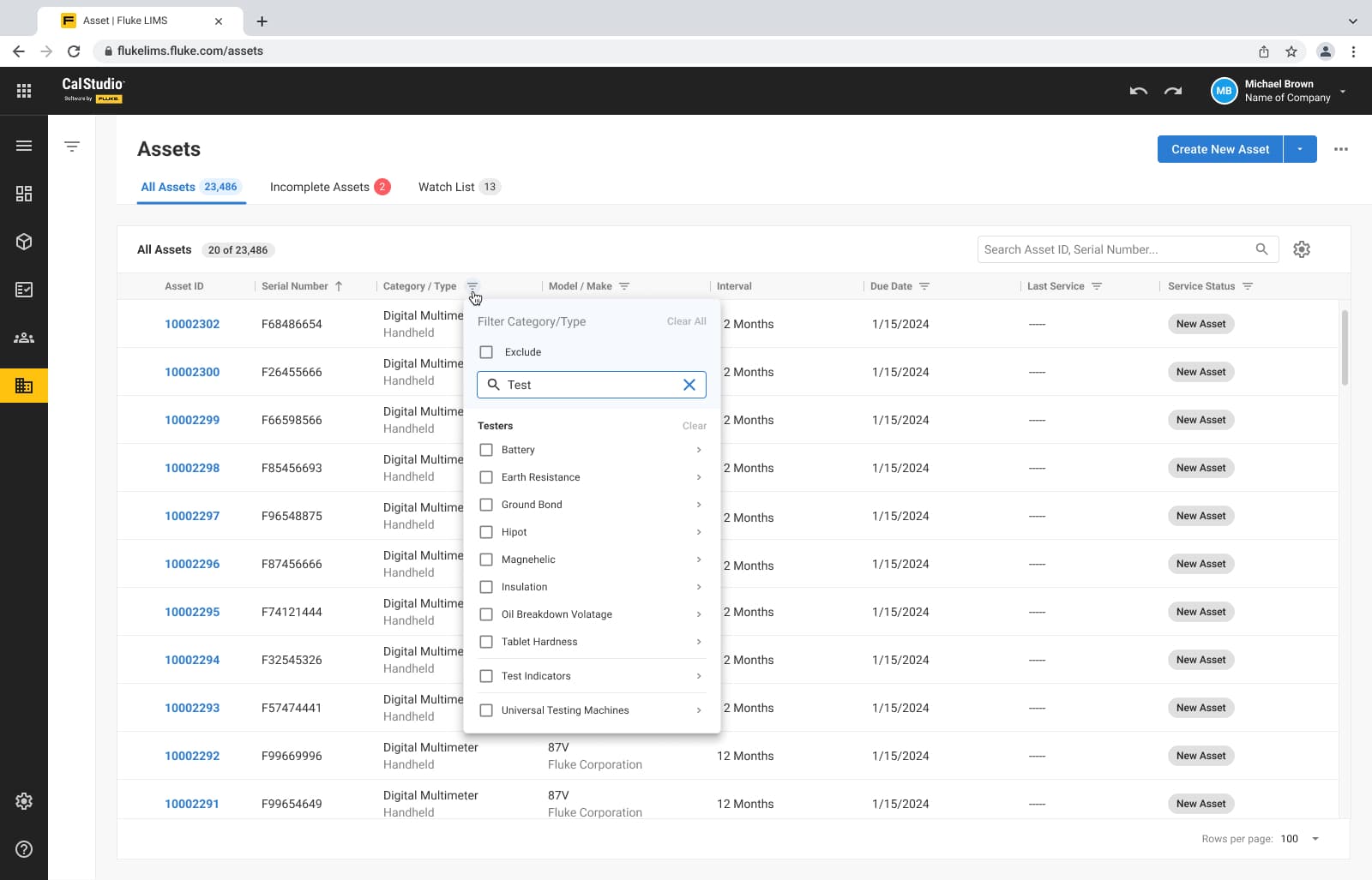 CalStudio asset list screen with quick search for faster asset discovery.