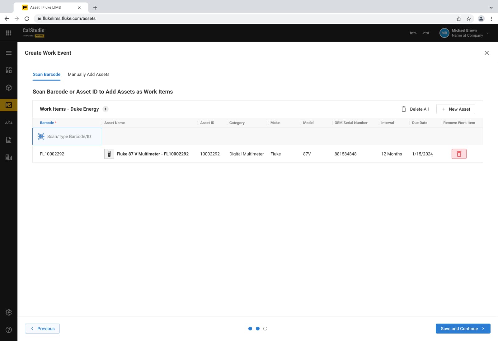 CalStudio barcode workflow screen for managing asset scanning and related actions.