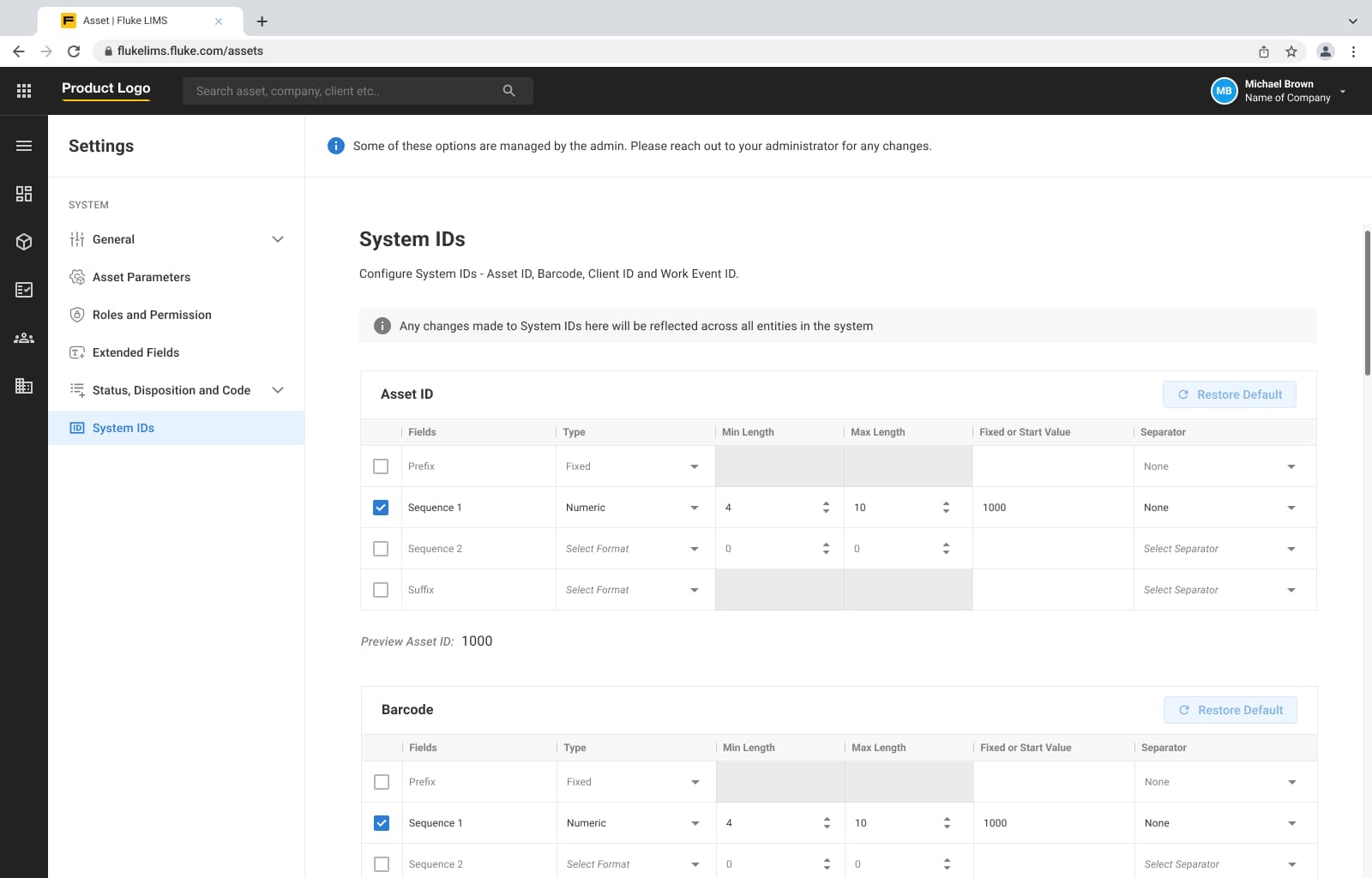 CalStudio system ID settings screen for defining and managing system identifiers.