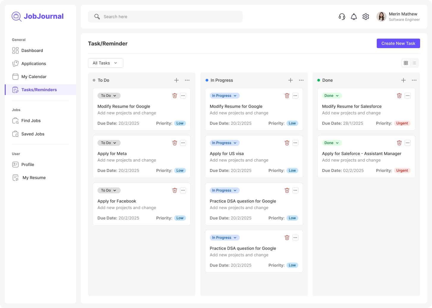 Task and reminders view showing categorized tasks and interview preparation actions.