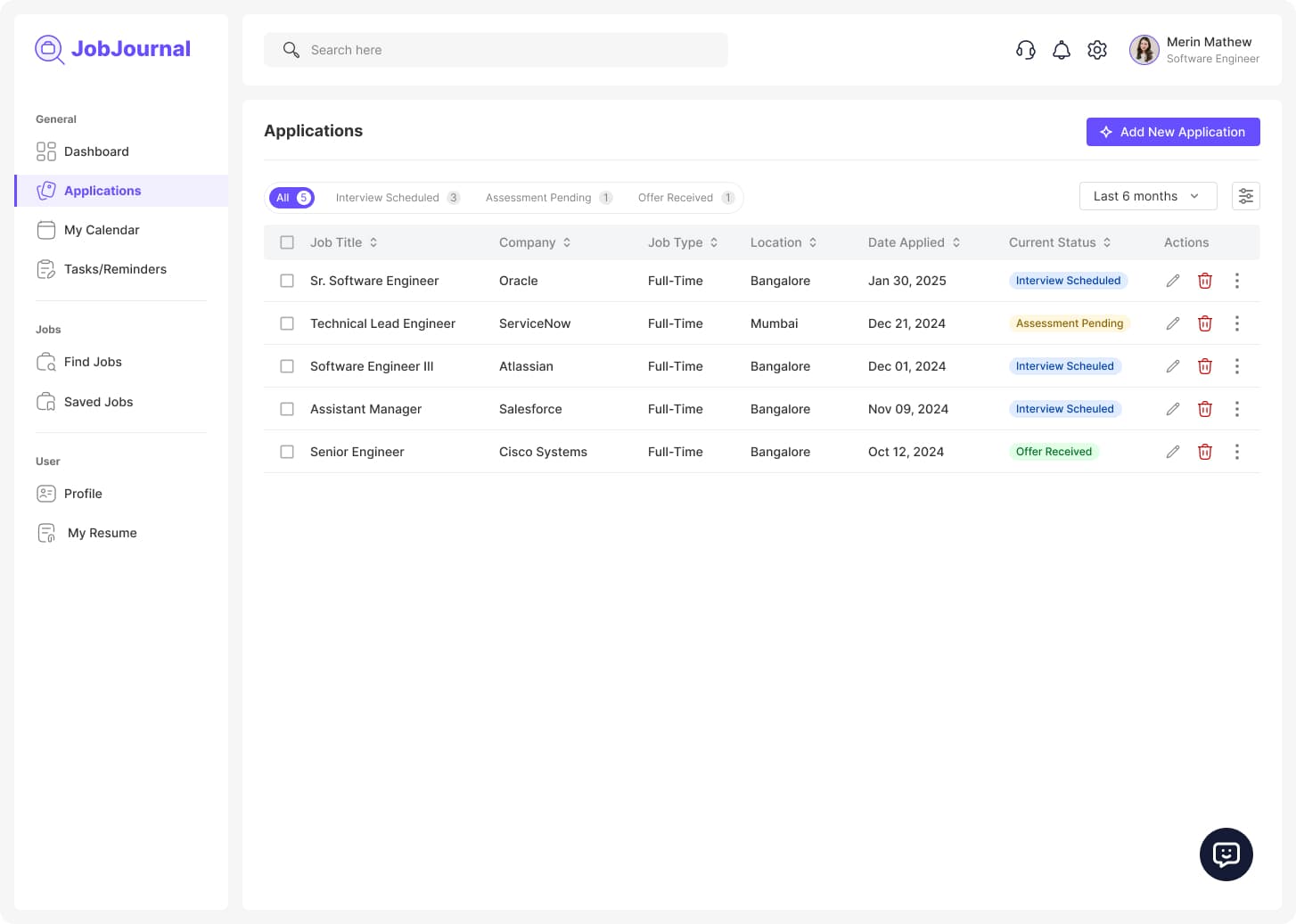 Applications table showing job title, company, status badges, and actions for tracking job pipeline progress.