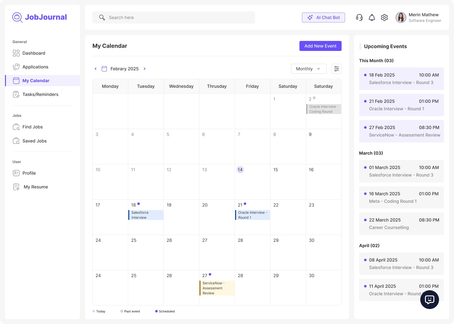 Monthly calendar layout with interview events and an upcoming events panel on the right.