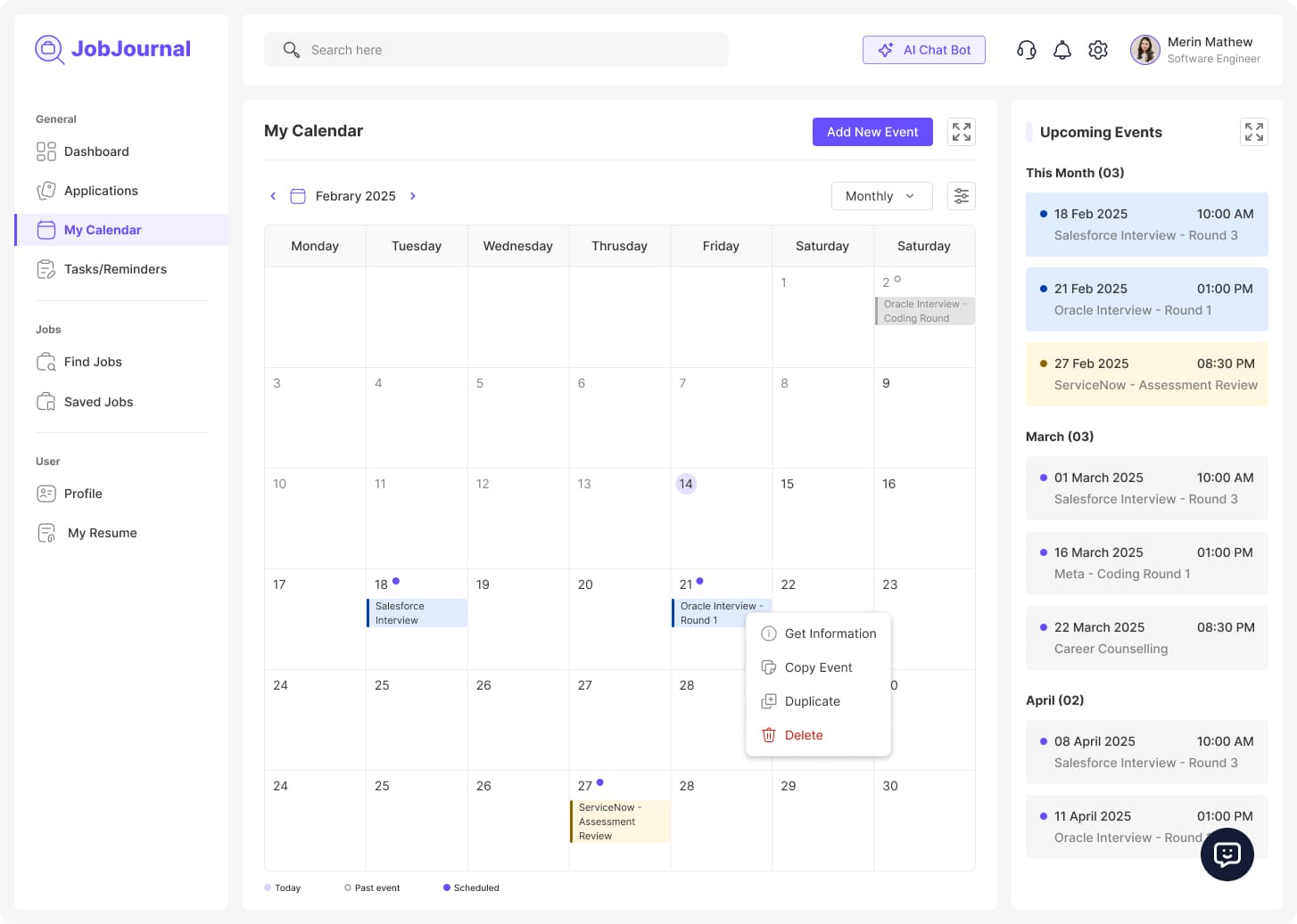 Event detail tooltip card on calendar showing role, date/time, location, and meeting mode.