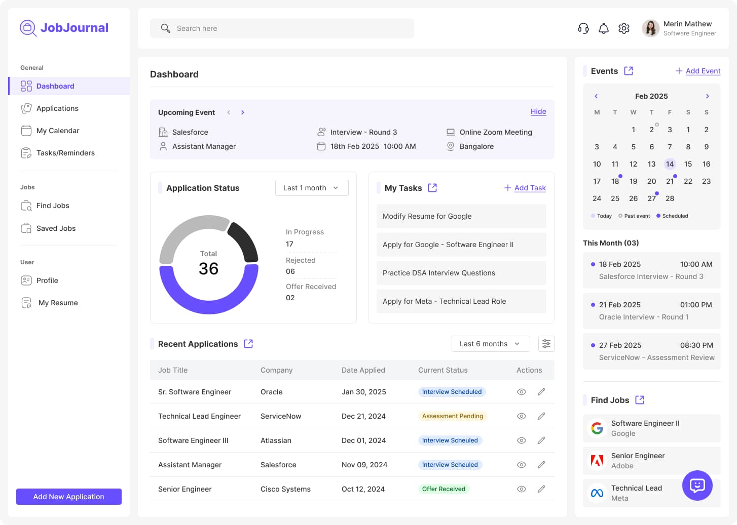 JobJournal dashboard with application status chart, tasks panel, upcoming events calendar, and recent applications table.
