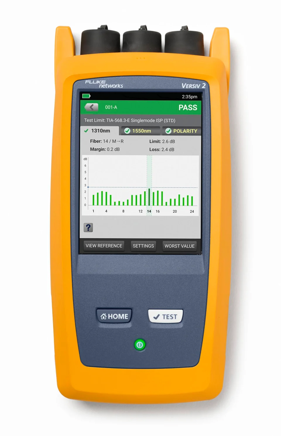 Fluke Networks Versiv 2 device showing a PASS result screen for fiber testing.